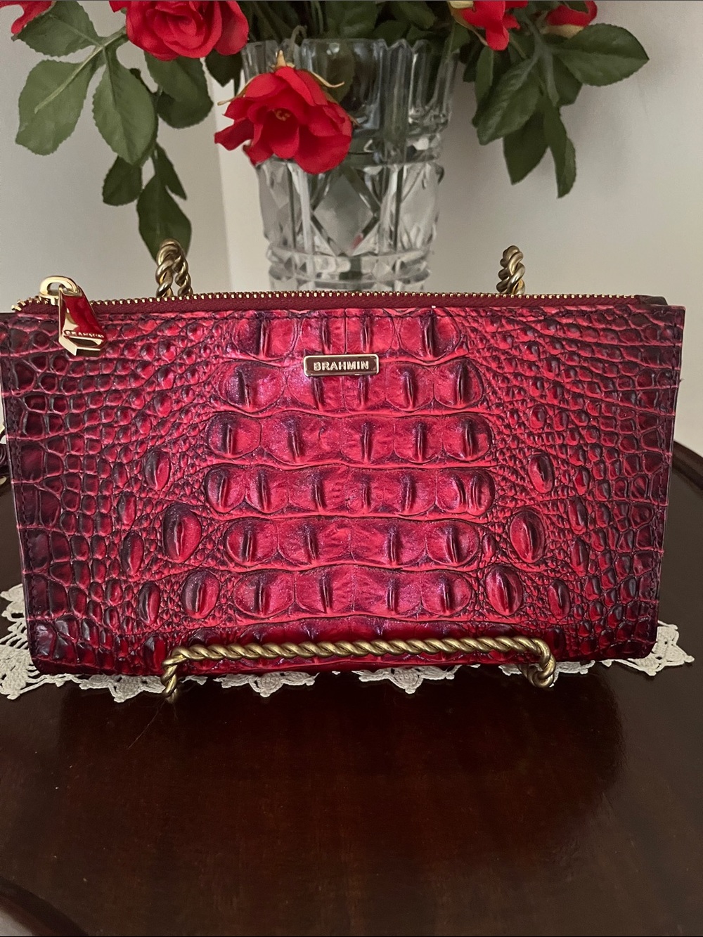 Brahmin red Daisy wristlet